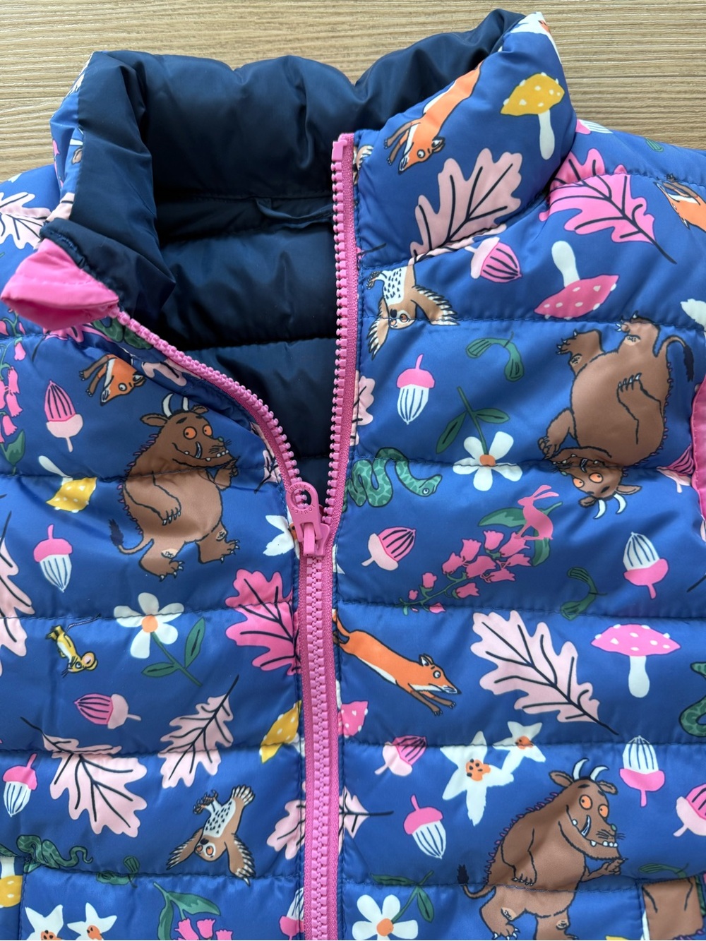 Joules Blue Puffer Vest with Pink Trim and Woodland Animal Print - Picture 3 of 6